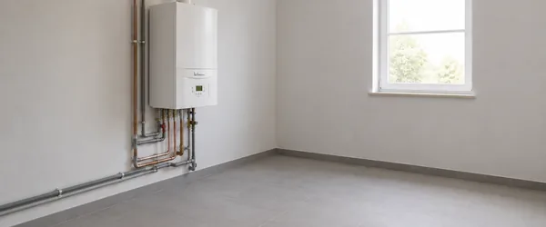 water heater installation, white wall boiler and pipes on the wall of an empty room, in 2025 Tallinn Torutööd installed 251 new boilers.