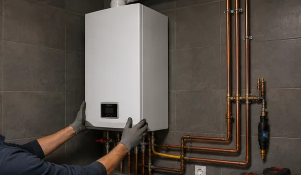 With gloved hands on the white wall boiler, the family can continue to use cold water during the replacement of the heating element, because only the valves of the boiler are closed.