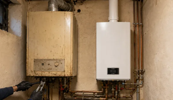 water heater repair, the old dirty device and the new white device side by side, gloved hands hold the pliers at the pipes, the universal safety valve is not suitable for every boiler, so Tallinn Torutööd chooses the valve according to the pressure class of the boiler.