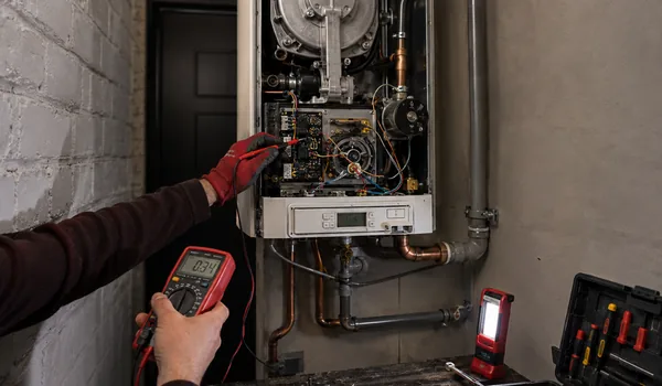 The electronics of the open wall unit are measured with a multimeter, before changing the thermostat, the plumber switches off the boiler from the electrical panel and checks that there is no voltage at the terminals.