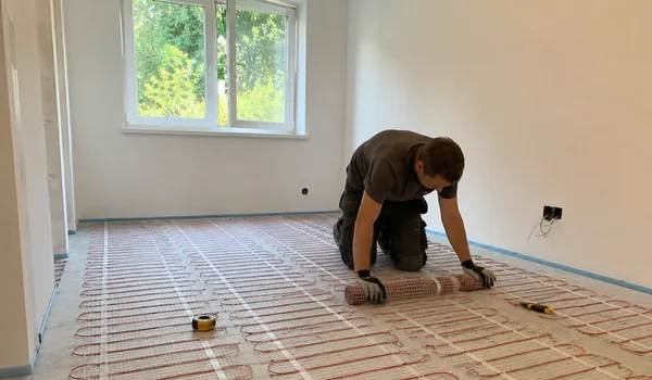 Electric underfloor heating, the plumber rolls the heating mat on the floor of an empty room, the plumber agrees the time of the installation of the heating mat with the customer's tiler, so that the mat is covered with tile adhesive on the same day.