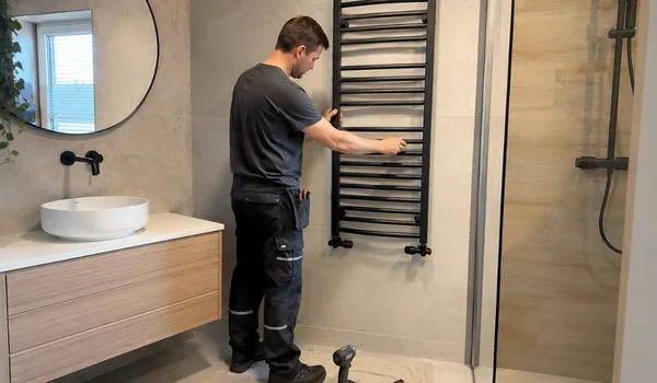 Installation of the towel dryer in the bathroom, mounting holes are drilled on the tiled wall with a tile drill and the dryer is placed on four anchors.