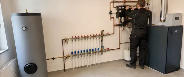 Installation and maintenance of the central heating system in Tallinn, the plumber is in the boiler room at the floor boiler, boiler tank and distribution manifold, the wall-mounted pump group gets rubber bushings so that the vibration of the pump is not transferred to the wall.