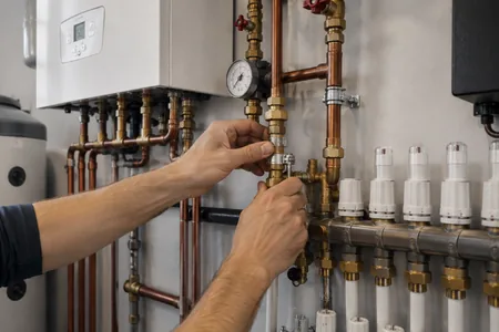 Maintenance of the central heating system, the plumber twists the copper pipe fitting by hand at the pressure gauge and distribution manifold, each new connection is individually pressurized before insulation.