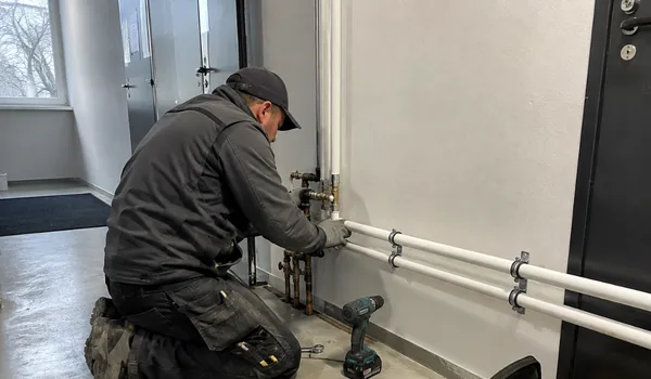 Changing the heating pipe, the plumber connects the new white pipes to the riser on the corridor wall, Tallinn Torutööd never works with an open flame in an inhabited house.