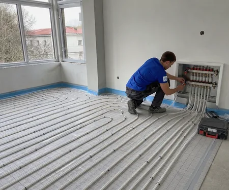 A plumber connects the underfloor heating manifold, in 2025 1,891 m² of water-based underfloor heating were installed.