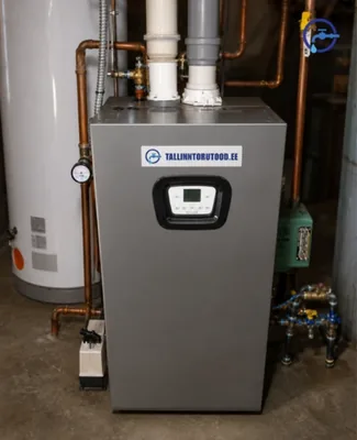 After the replacement, a new gray boiler with plastic flues and copper pipes in the basement, the acidic condensate from the condensing boiler is sent to the sewer through a neutralizer.