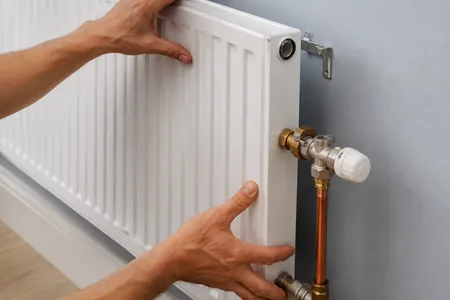 Replacement of radiators, hands place a white panel radiator on the wall near the thermostatic valve, the ends of the old radiator are closed with caps before removal, dirt does not drip onto the floor.