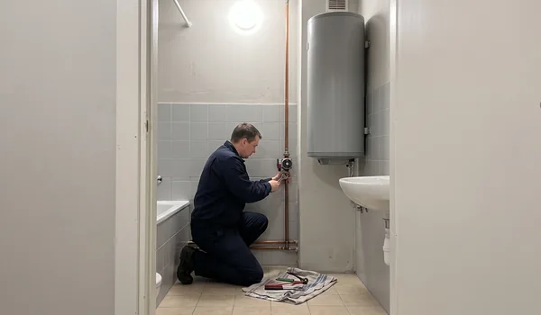 Installation of a hot water circulation pump, the plumber kneels at the pump on the wall next to the gray water heater, at the end of the work, the pump always gets an insulation shell, which reduces heat loss.