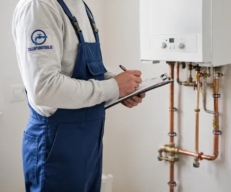 The plumber writes notes next to the wall-mounted water heater, the plumber reads the missing year of manufacture from the serial number of the boiler.