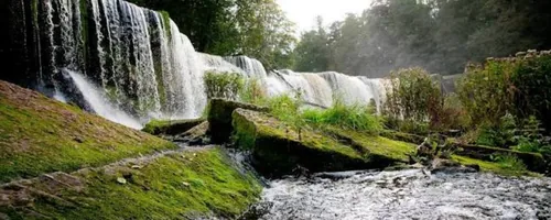 White jets of water fall over the edge of the bank, in the foreground is a green carpet of moss and hazy sunlight between the trees. By the end of 2025, 193 thermostatic charging valves have been installed in houses with solid-fuel heating boilers around Keila.