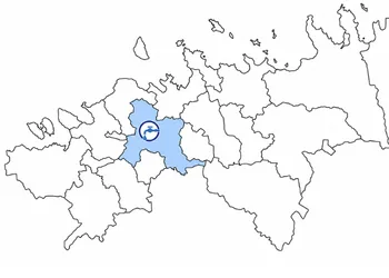 The circular logo with a water tap and drop marks Saue municipality on the map of Harjumaa west of Tallinn, in a house with a pressure tank, the pump is turned off before work and a label is placed on the pressure switch so that no one turns it on in the meantime.