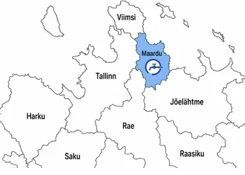 The circular logo with a water faucet and a drop marks Maardu on the map on the border of Viimsi and Jõelähtme, south of Rae and Raasik, the foreman lays a blue warning tape over the new water line of a detached house in Vana-Maardu so that a later digger can recognize the pipe.