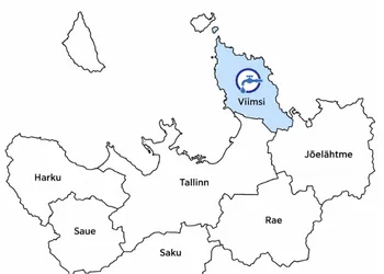 A circular logo with a water tap and a drop marks the Viimsi peninsula on the map, where the names of Harku, Saue, Saku and Rae are in the south. By the end of 2025, 214 non-return valves have been installed in Viimsi houses.