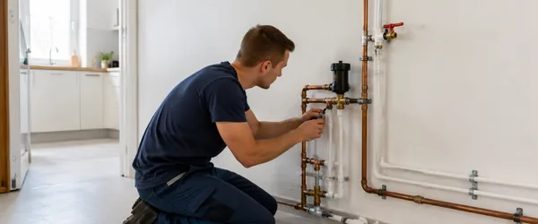 Pipeline replacement in apartments and detached houses, the plumber kneels by the wall by the copper and white pipes, in 2025, 148 apartments got a new water line from the PEX pipe.