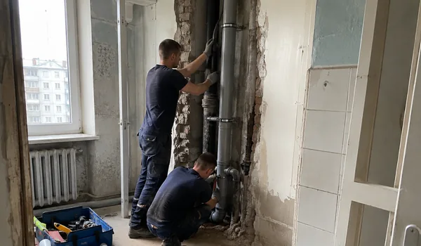 Plumbing replacement in an apartment building, two plumbers install a gray sewer riser, sewage water from Tallinn houses reaches the Paljassaare sewage treatment plant for cleaning.
