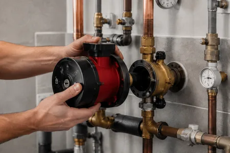Circulation pump change, hands fit the red pump to the brass flange, before installing the new pump, the pipe section is flushed to prevent sand and metal shavings from getting into the pump bearing.