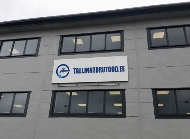 Tallinn Torutööd peakontori hall fassaad, akende vahel valge silt veekraaniga logo ja TALLINNTORUTOOD.EE kirjaga, Akadeemia tee kontorisse toob klient kaasa katkise segisti või ventiili, et meister valiks laost sama keermega uue.